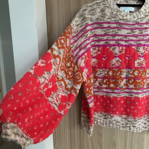 Bunulu XL Soft Mixed Media Electric Floral Stripped Boho Balloon Sleeves Sweater - Picture 3 of 8